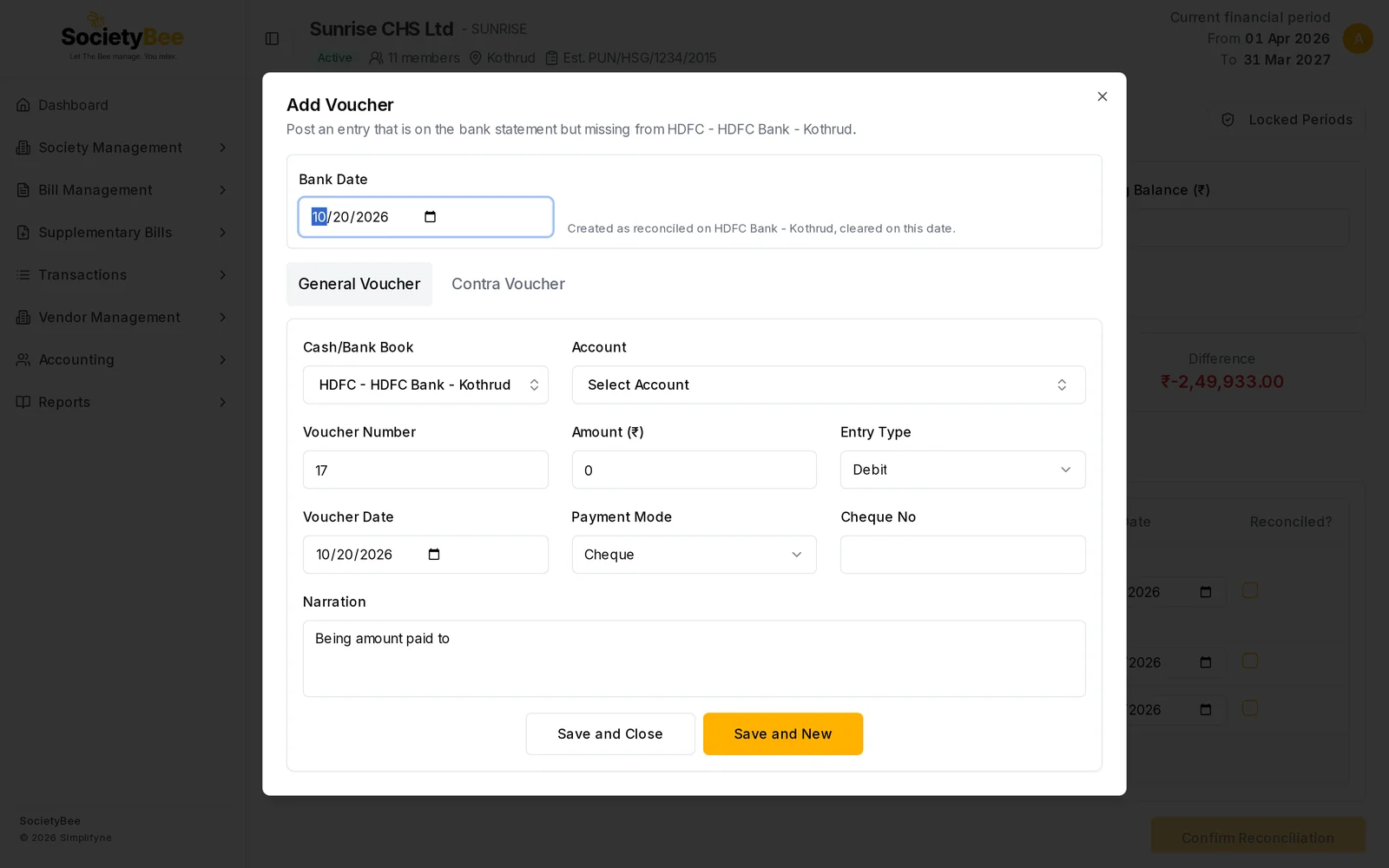 Add Voucher window with Bank Date 10/20/2026, General Voucher tab selected and fields for Cash/Bank Book HDFC, Account, Voucher Number, Amount, Entry Type, Voucher Date, Payment Mode, Cheque No and Narration