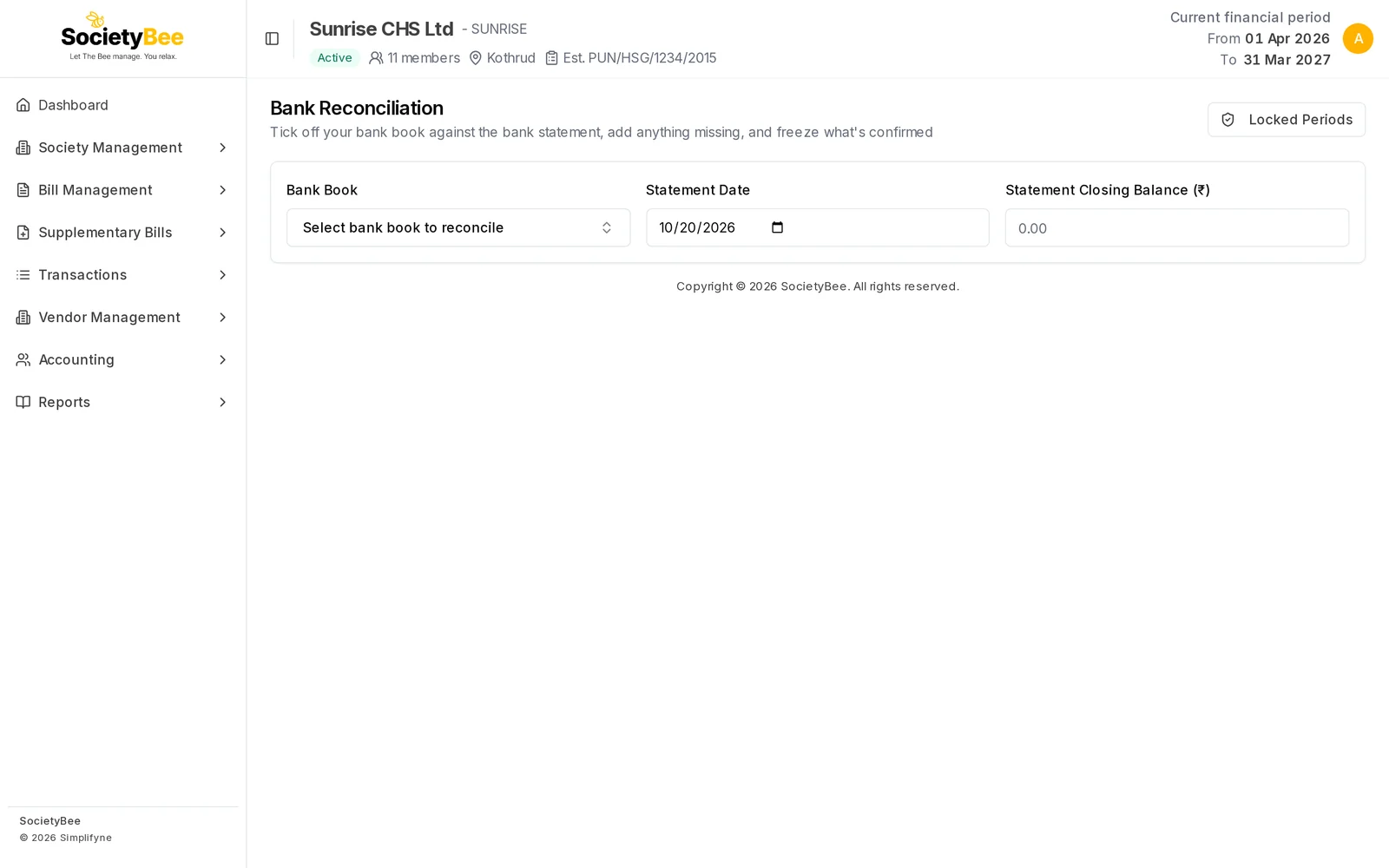 Bank Reconciliation page before a bank book is chosen, with Bank Book, Statement Date and Statement Closing Balance boxes and a Locked Periods button