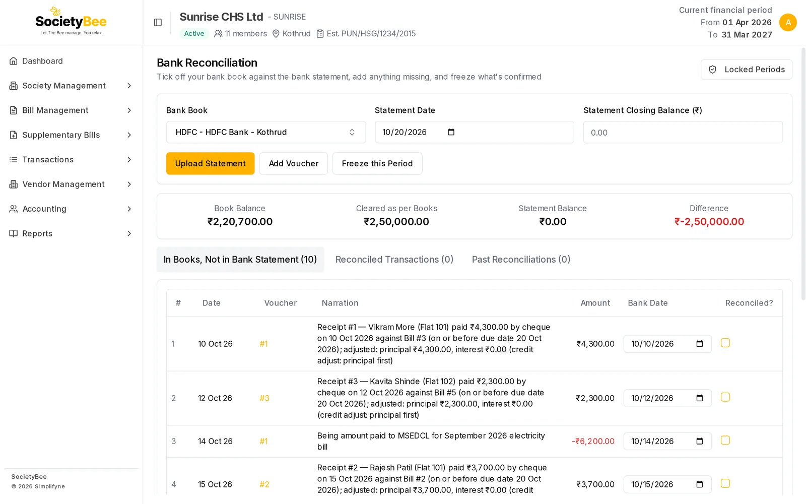 Bank Reconciliation page with HDFC bank book chosen, statement date 20 Oct 2026, buttons Upload Statement, Add Voucher and Freeze this Period, four balance boxes and three tabs