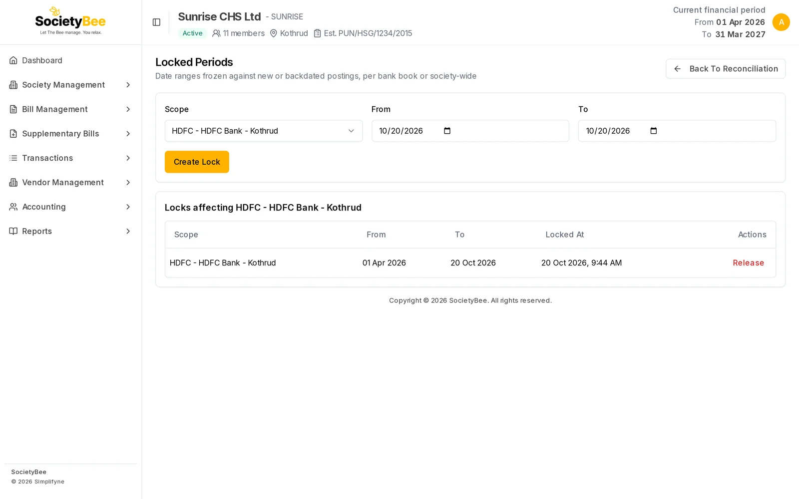 Locked Periods page with a Scope list, From and To dates and a Create Lock button, and a table of locks showing HDFC Bank 01 Apr 2026 to 20 Oct 2026 with a Release link