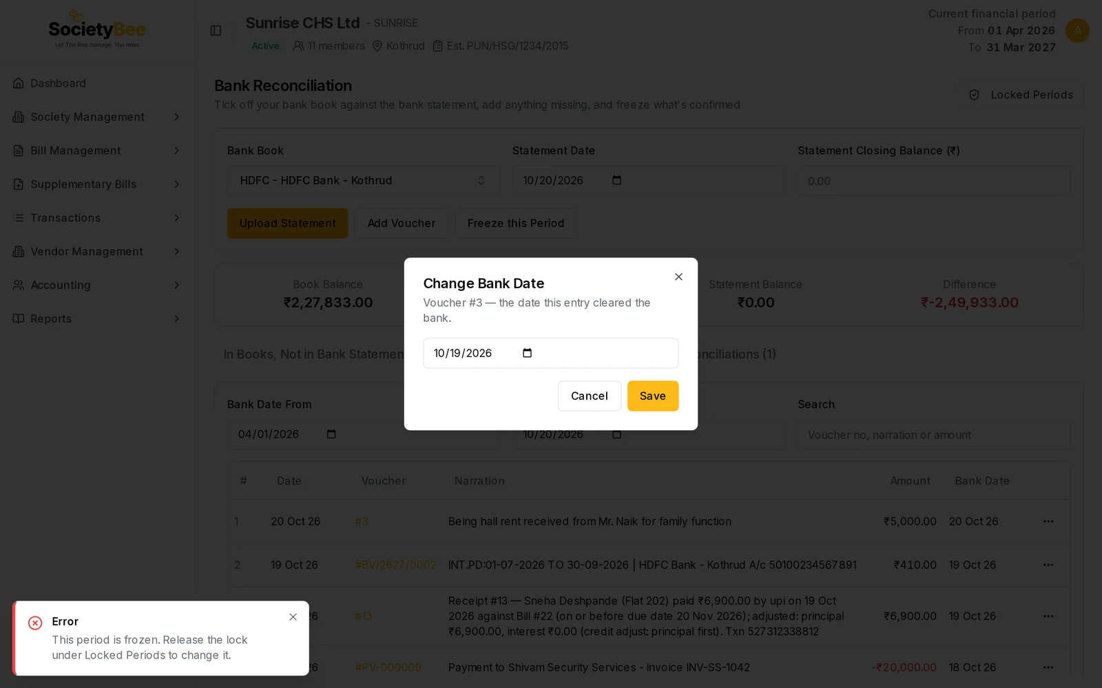 Change Bank Date window with a red Error message saying this period is frozen and to release the lock under Locked Periods to change it