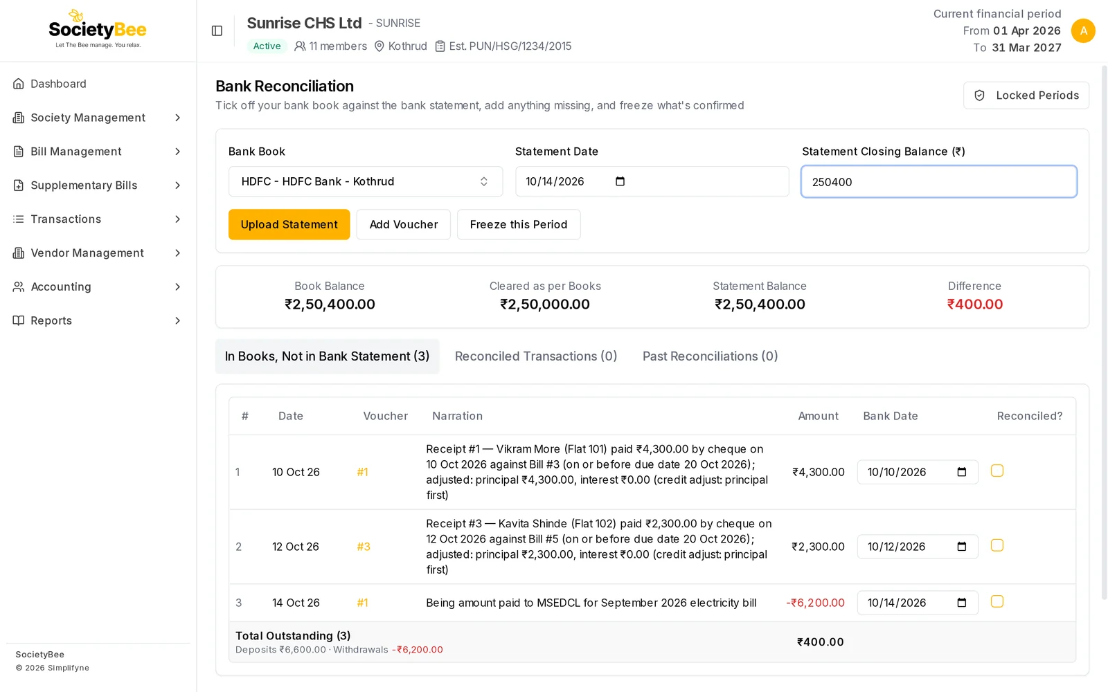Bank Reconciliation page with statement date 14 Oct 2026, closing balance 2,50,400 and three unticked entries each with a bank date box
