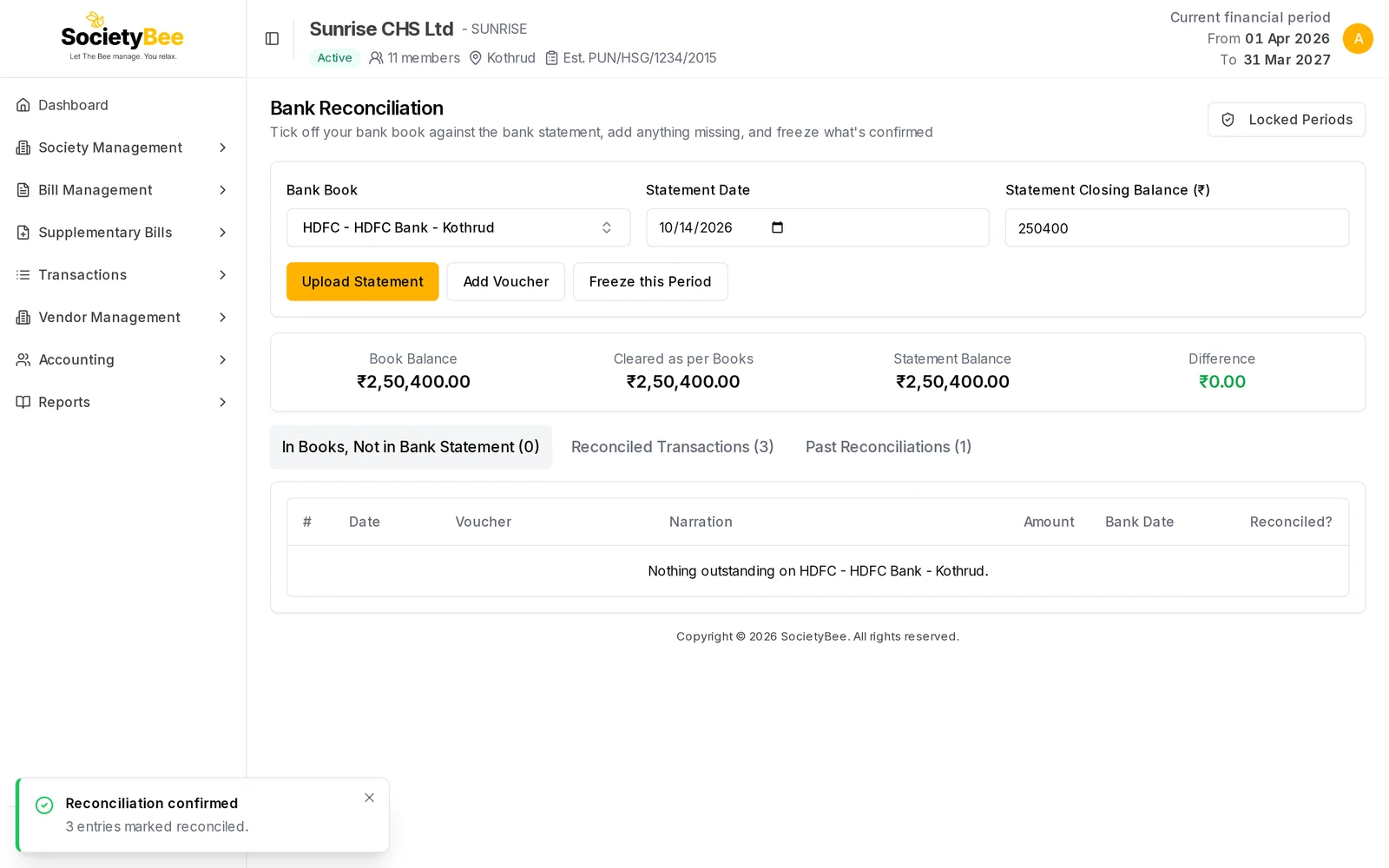 Bank Reconciliation page after confirming, with the work list empty and the tabs showing 3 reconciled transactions and 1 past reconciliation