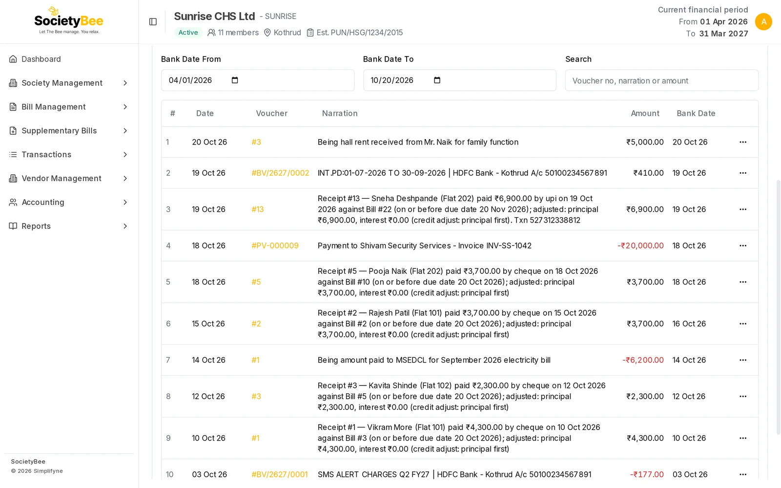 Reconciled Transactions tab with ten entries including the hall rent receipt, bank interest voucher, member receipts and payments, each with a bank date and a three dot menu