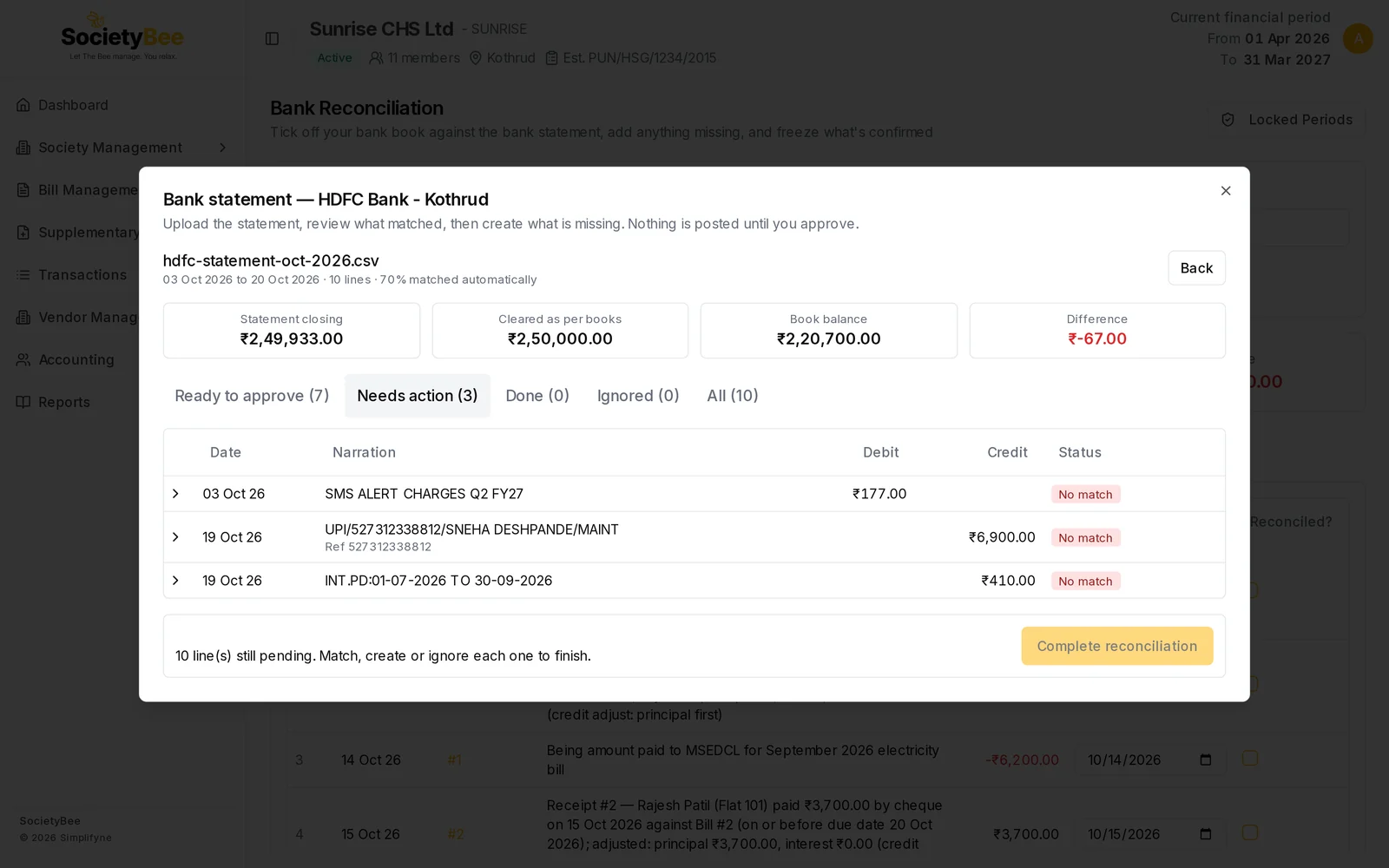 Needs action tab with three lines tagged No match: an SMS alert charge of 177 rupees, a UPI credit of 6,900 rupees from Sneha Deshpande and an interest credit of 410 rupees