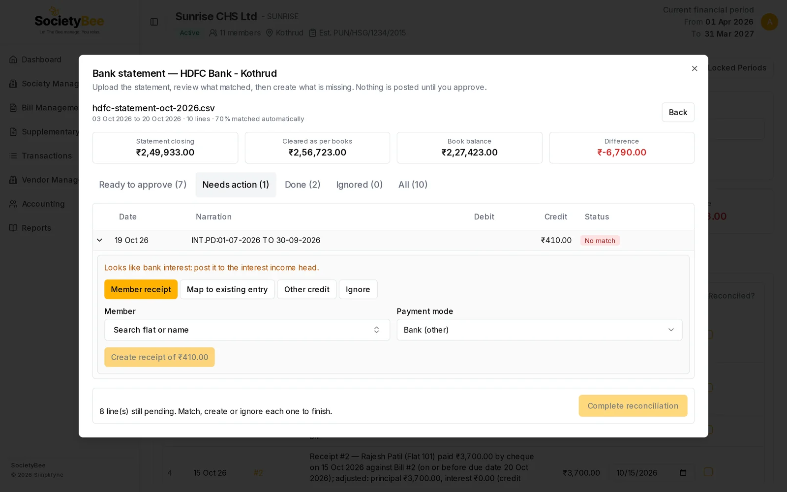 Open line for a bank interest credit of 410 rupees with a hint that it looks like bank interest and Member receipt still chosen