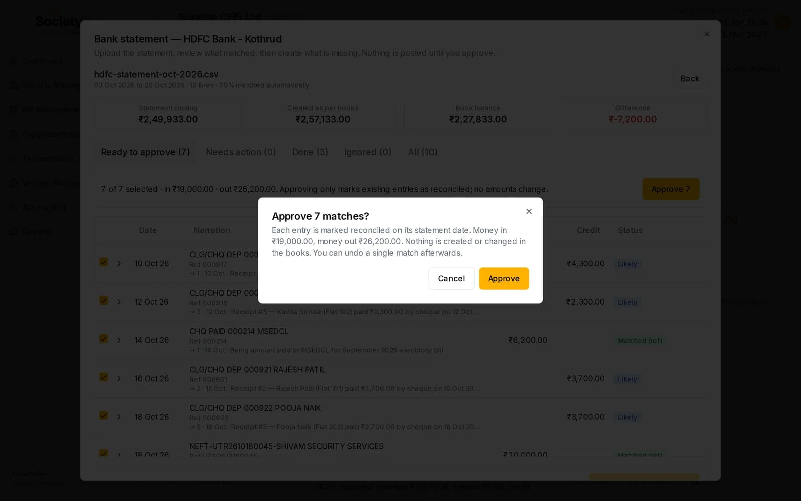 Approve 7 matches window explaining that each entry is marked reconciled on its statement date, with money in 19,000 and money out 26,200, and Cancel and Approve buttons