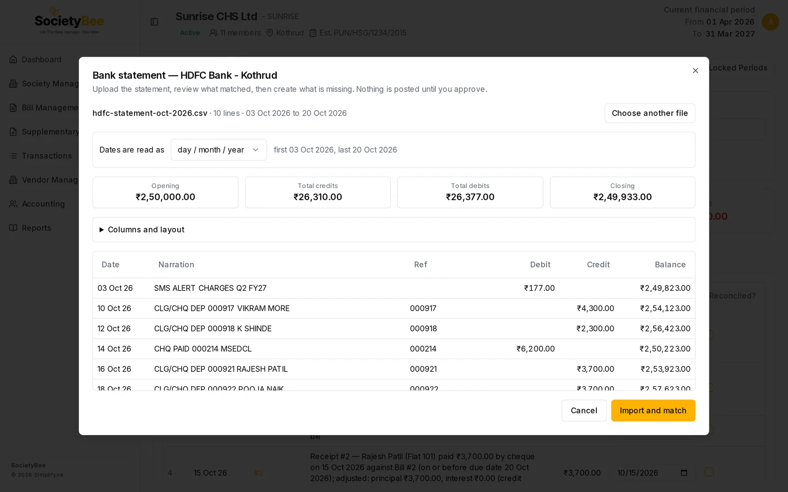 Check step showing hdfc-statement-oct-2026.csv with 10 lines, dates read as day month year, opening 2,50,000, total credits 26,310, total debits 26,377, closing 2,49,933, a Columns and layout section and a preview table