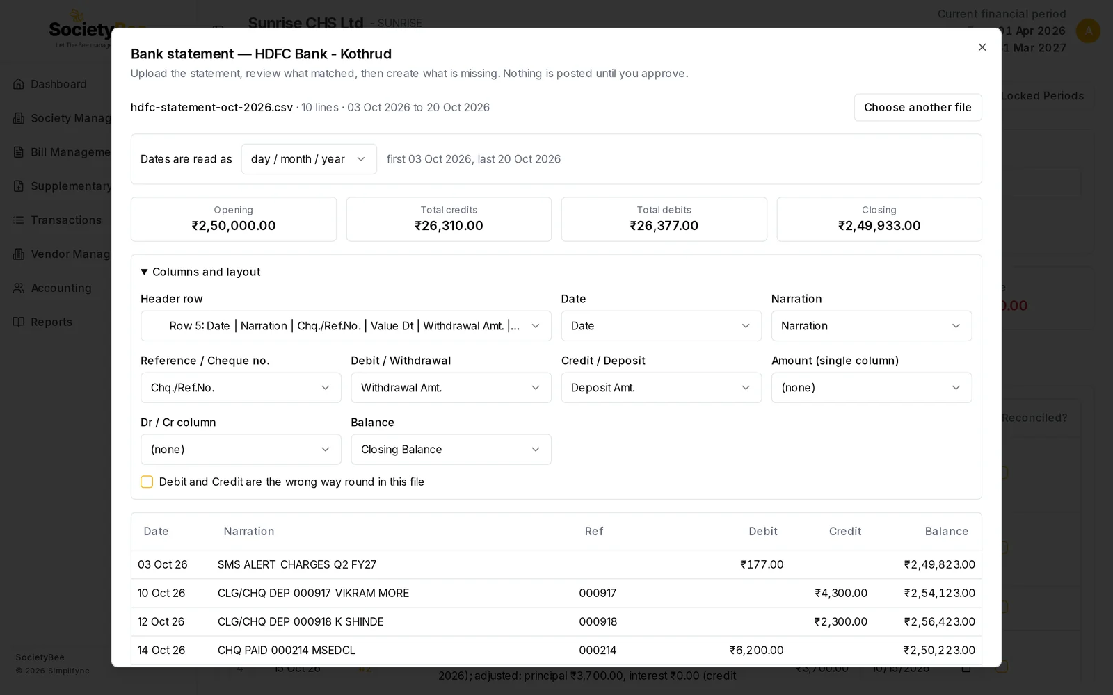 Columns and layout section open, with the header row at row 5 and the Date, Narration, Reference, Debit, Credit and Balance columns mapped, and a tick box for debit and credit being the wrong way round