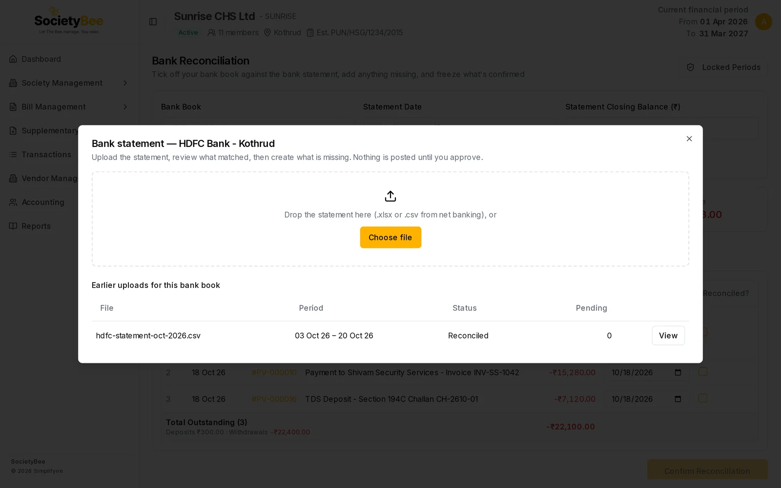 Earlier uploads list showing hdfc-statement-oct-2026.csv for 03 Oct 26 to 20 Oct 26 with status Reconciled, 0 pending and a View button