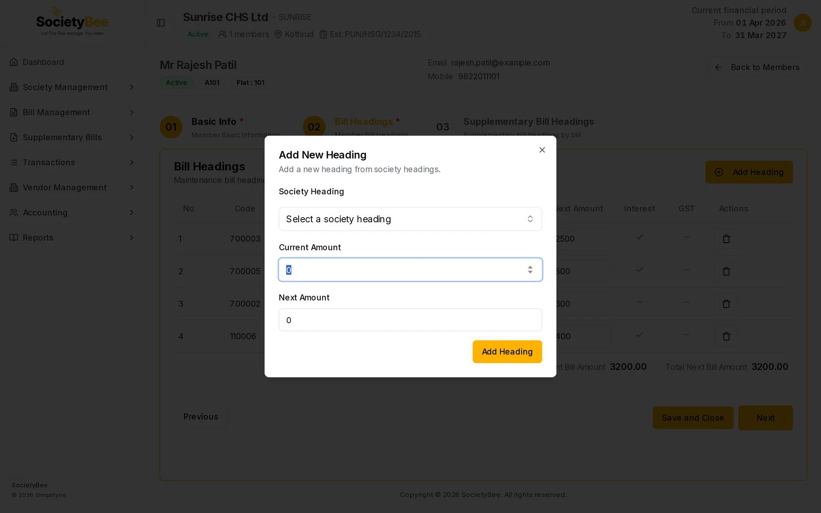Add New Heading dialog with Society Heading, Current Amount, Next Amount and the Add Heading button