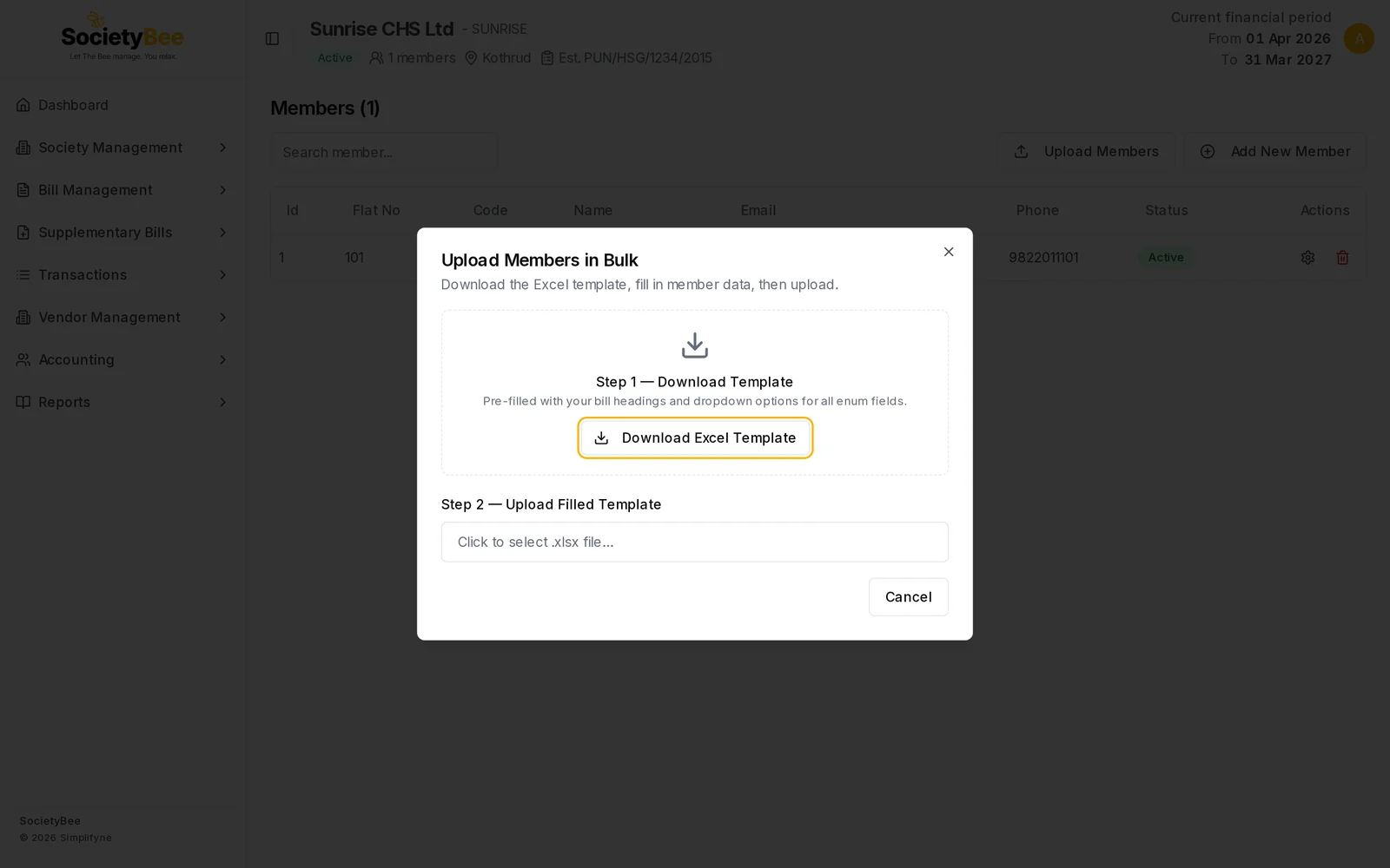 Upload Members in Bulk dialog with Step 1 Download Template and Step 2 Upload Filled Template