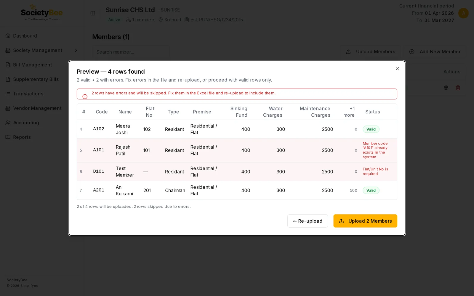 Preview with 4 rows found, 2 valid and 2 with errors, showing Member code A101 already exists in the system and Flat/Unit No is required