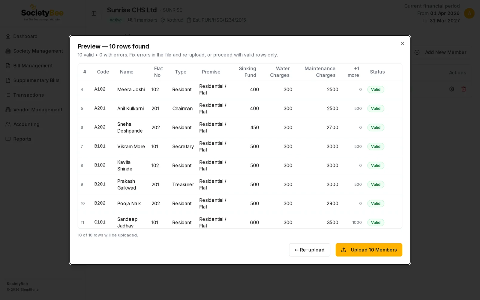 Preview with 10 rows found, all valid, with sinking fund, water and maintenance amounts and the Upload 10 Members button