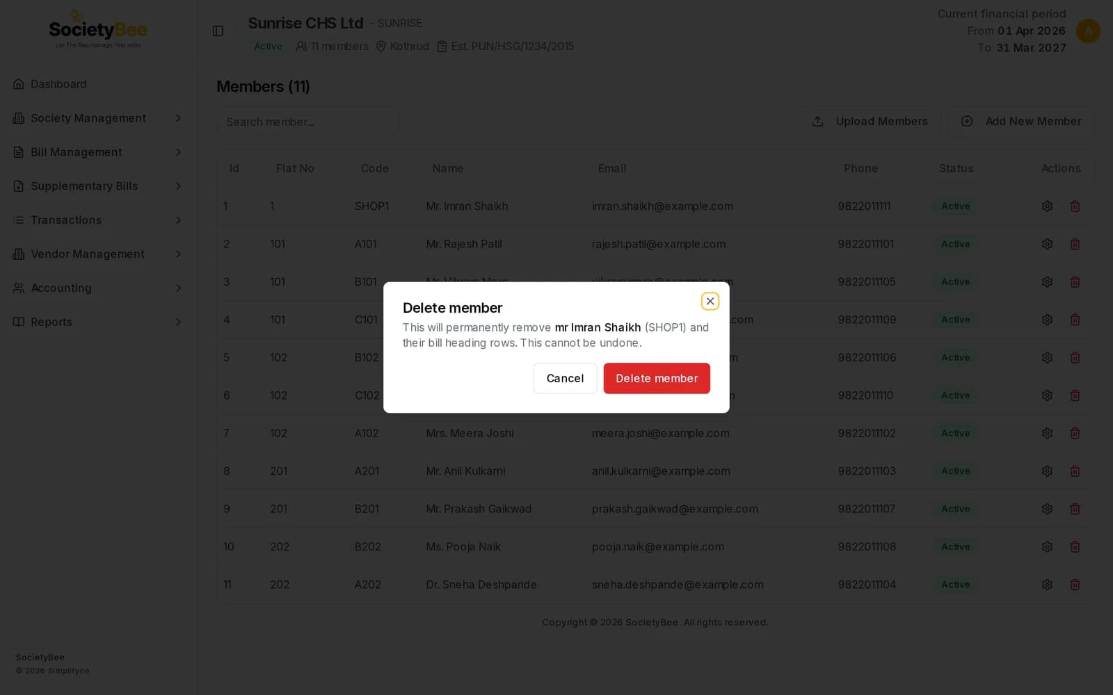 Delete member dialog asking to confirm removal of a member with Cancel and Delete member buttons