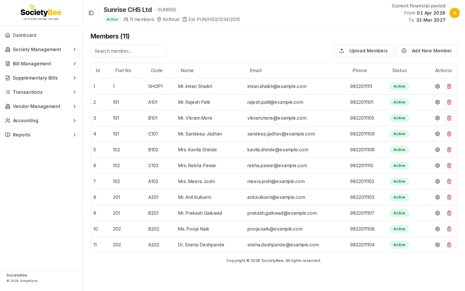 Members (11) list with columns Id, Flat No, Code, Name, Email, Phone, Status and Actions