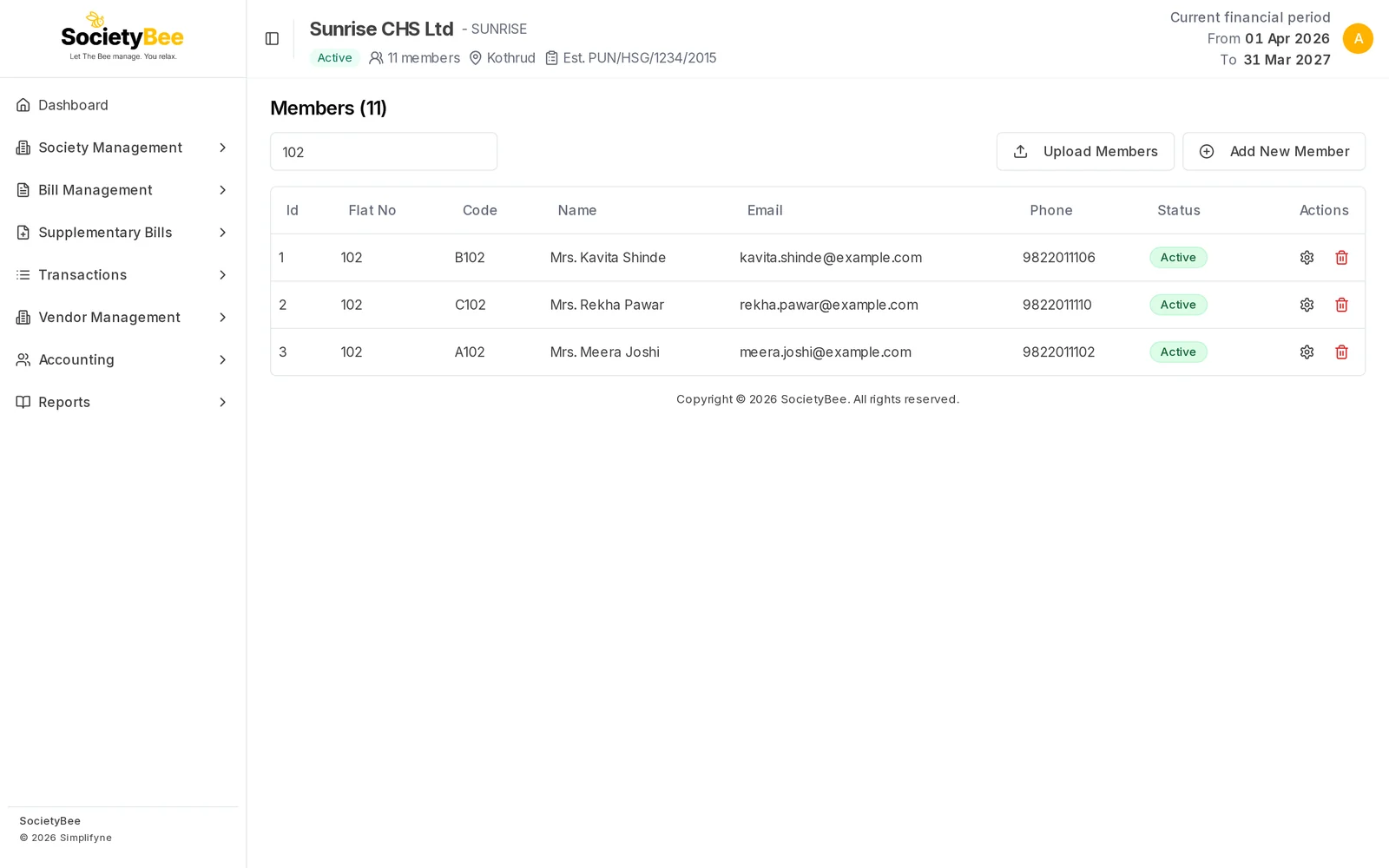 Member list filtered by 102 showing flat 102 members from three wings