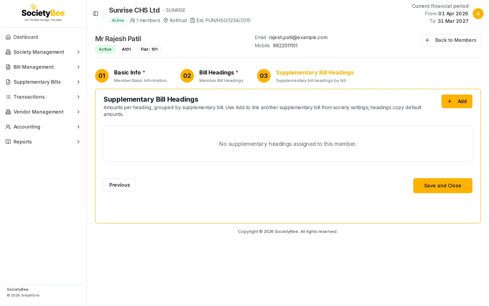 Supplementary Bill Headings tab with the message No supplementary headings assigned to this member and an Add button