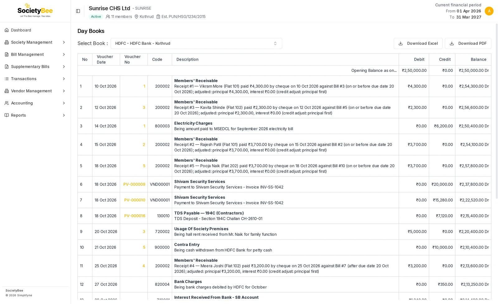 Day book of HDFC Bank Kothrud with an opening balance of 2,50,000 rupees and entries listing receipts, an electricity payment, vendor payments, a TDS deposit and a contra, each with a running balance