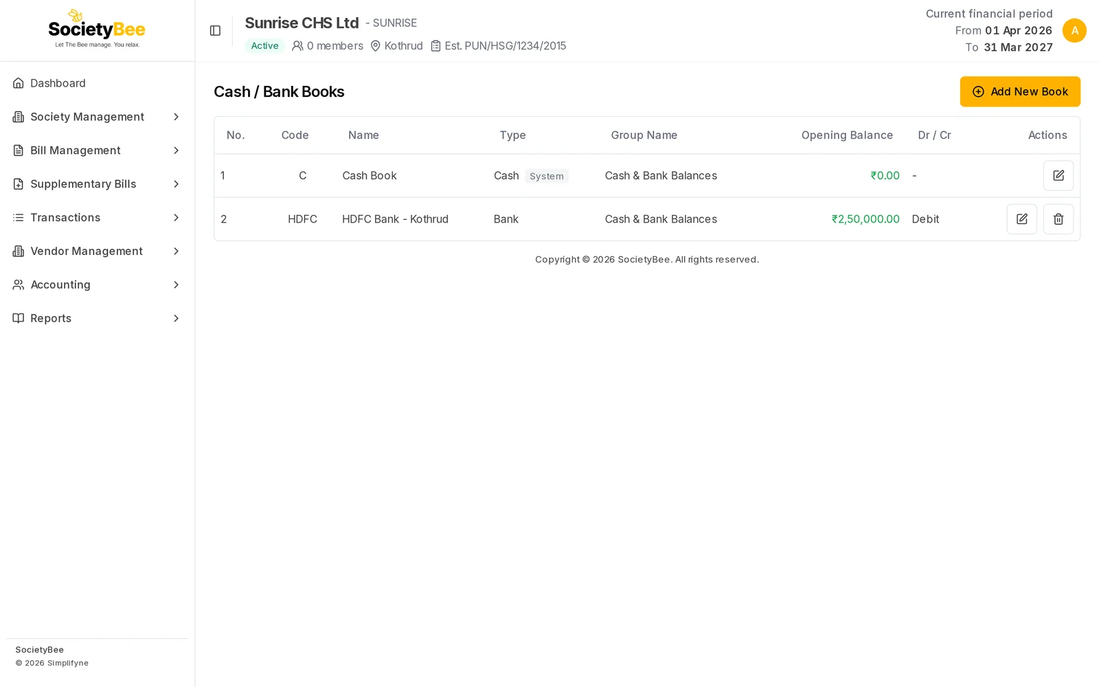 Cash / Bank Books list with Cash Book and HDFC Bank - Kothrud, showing type, group, opening balance and Dr / Cr