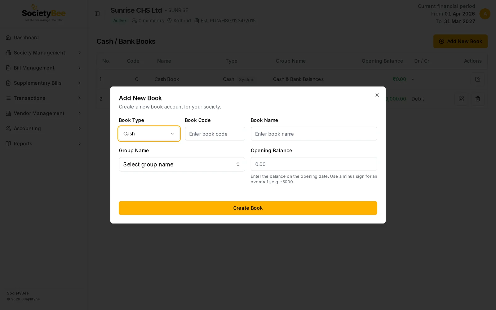 Add New Book dialog with Book Type, Book Code, Book Name, Group Name and Opening Balance