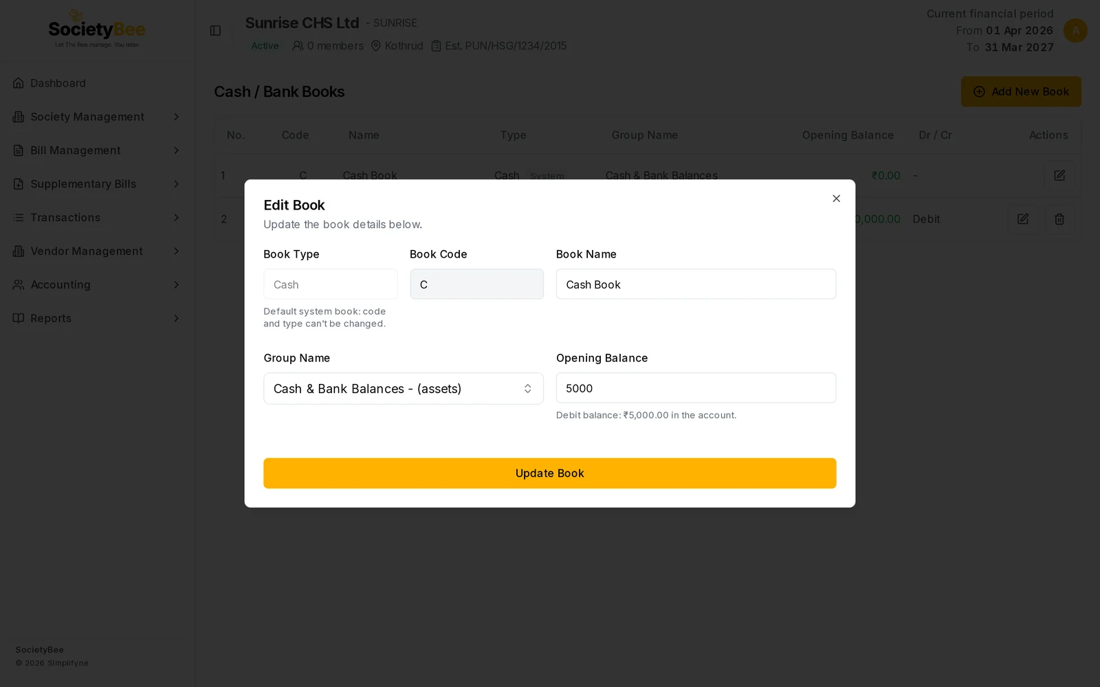 Edit Book dialog for the Cash Book with opening balance 5000 and the note Debit balance: ₹5,000.00 in the account