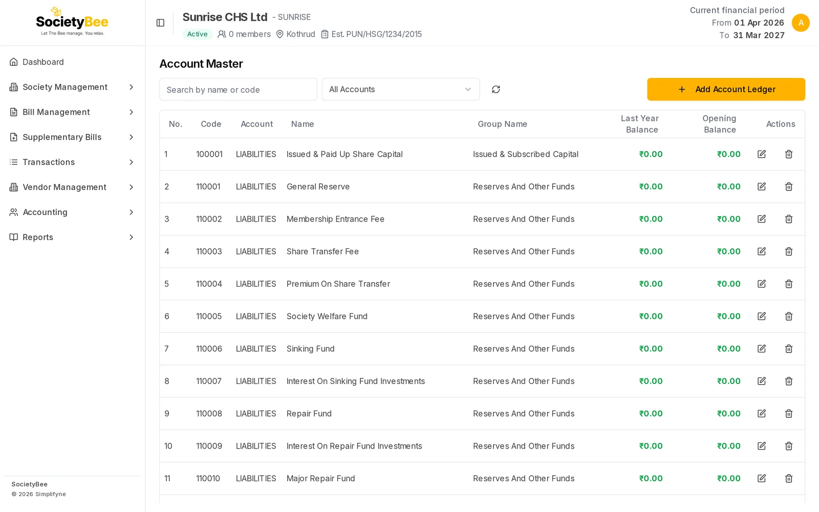 Account Master list with search box, All Accounts filter, Add Account Ledger button and accounts such as General Reserve and Sinking Fund