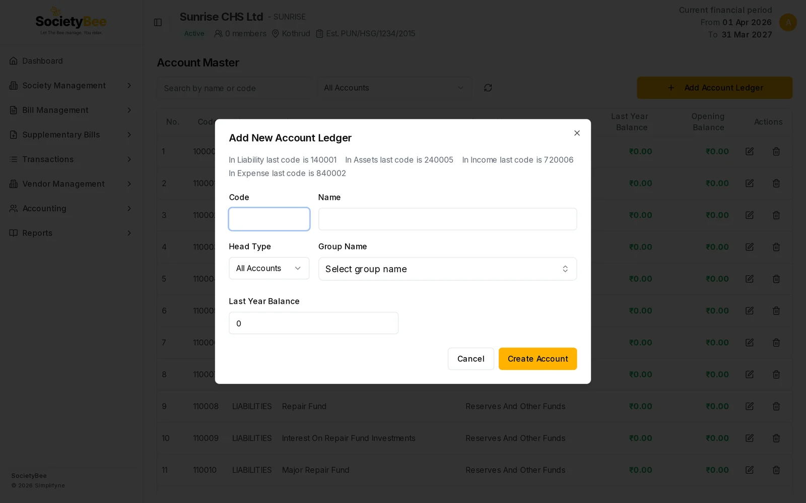Add New Account Ledger dialog with Code, Name, Head Type, Group Name and Last Year Balance