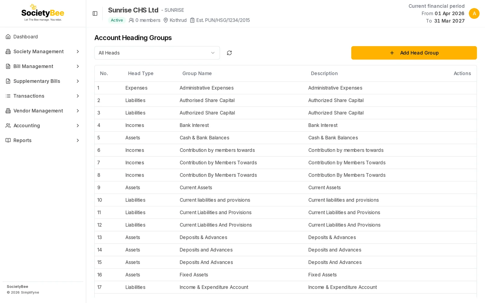 Account Heading Groups list with Head Type, Group Name and Description