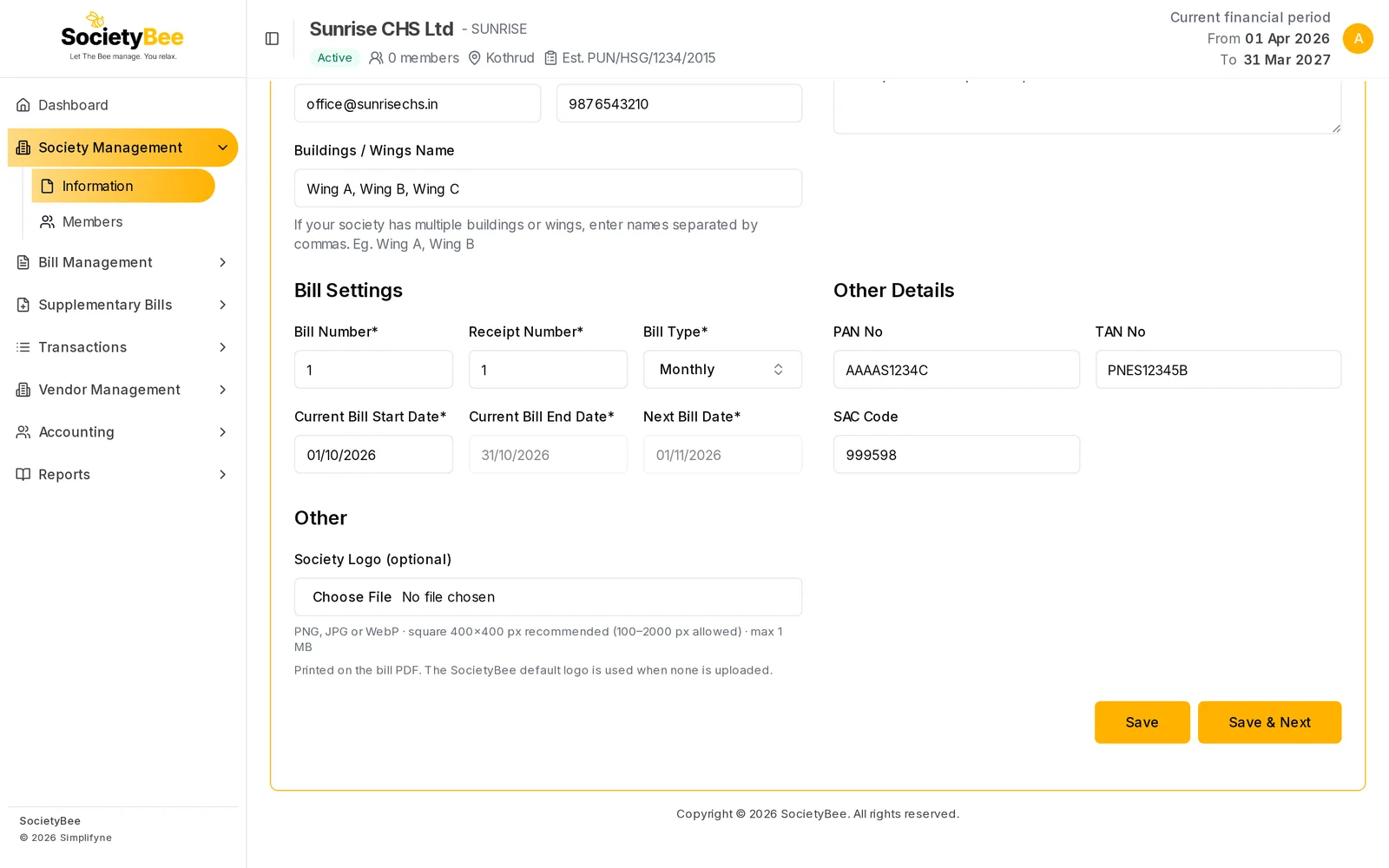 Bill Settings with Bill Type Monthly, start date 01/10/2026, end date 31/10/2026 and next bill date 01/11/2026, plus the logo upload and the Save and Save & Next buttons