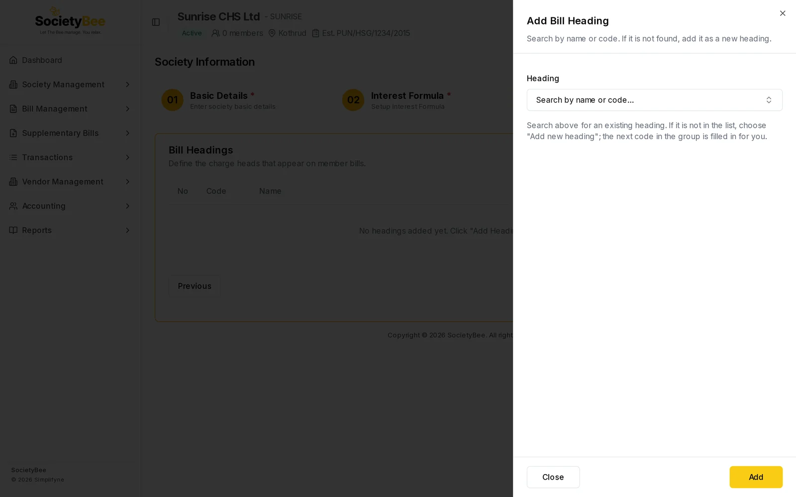 Add Bill Heading panel with an empty Heading search box