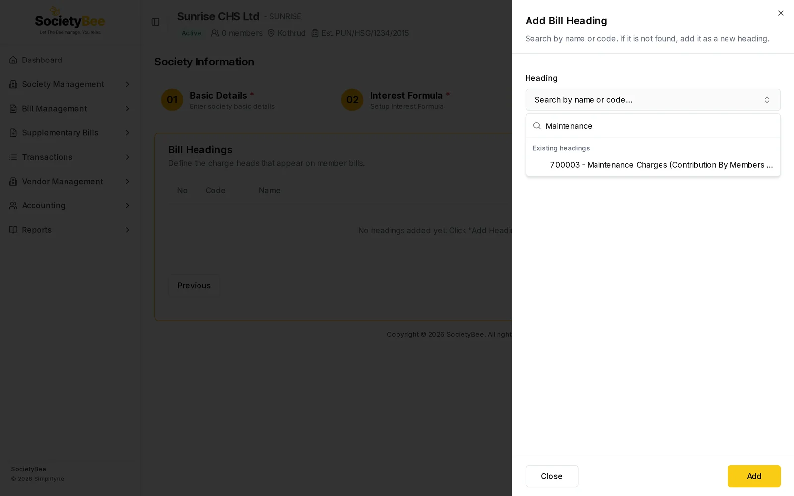 Heading search showing 700003 - Maintenance Charges under Existing headings