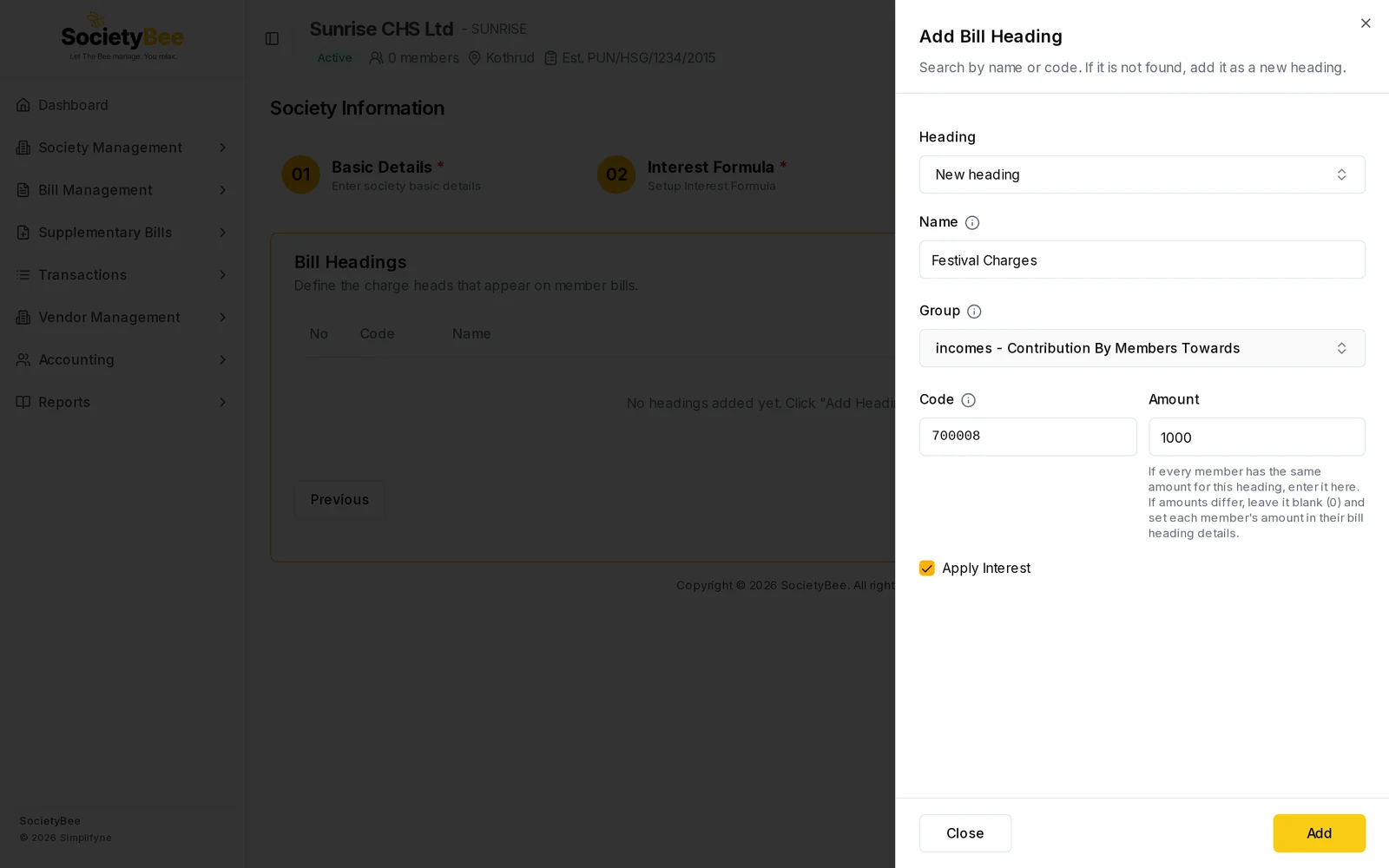 New heading form with Name Festival Charges, Group incomes - Contribution By Members Towards, Code 700008 and Amount 1000