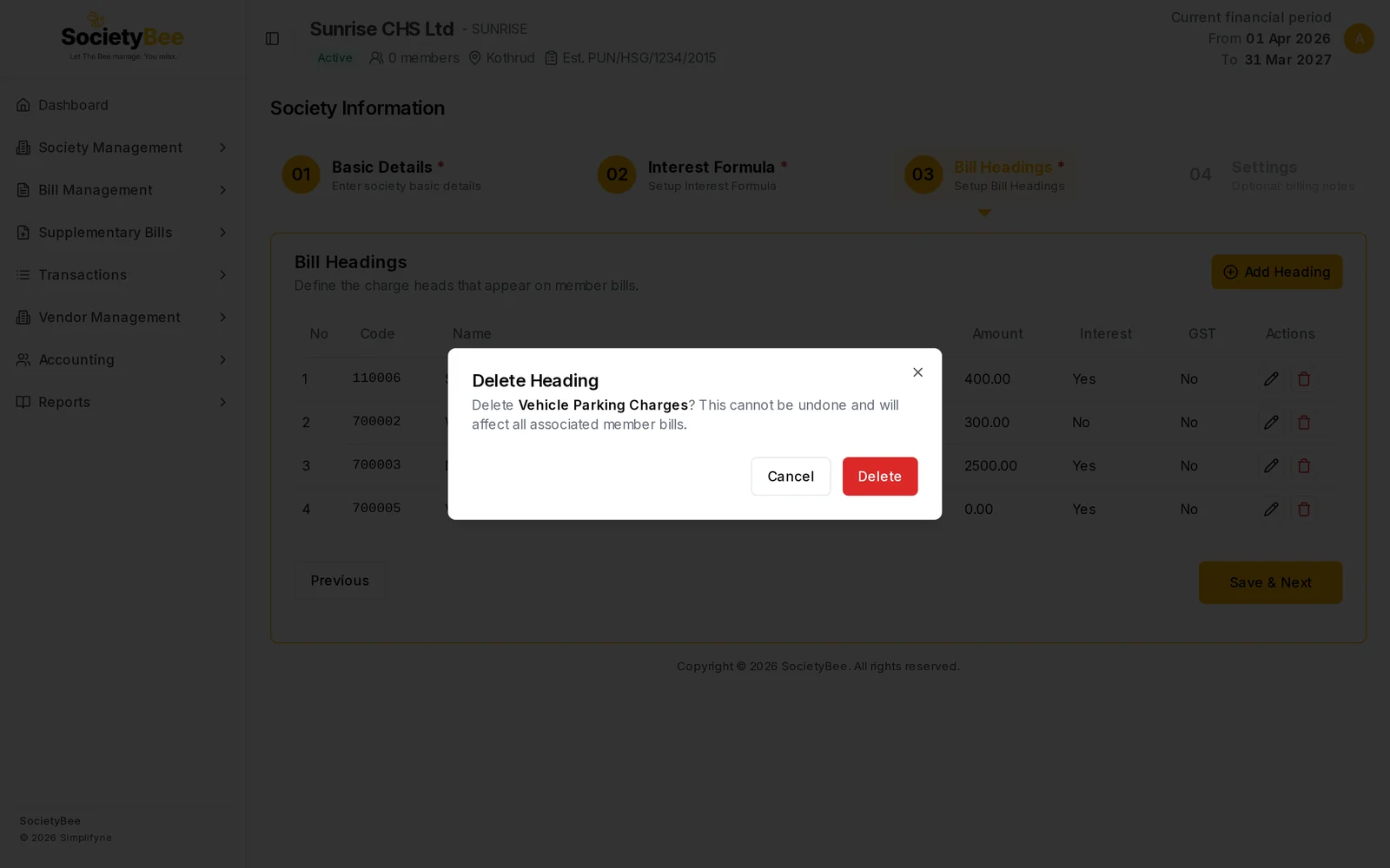 Delete Heading confirmation with Cancel and Delete buttons