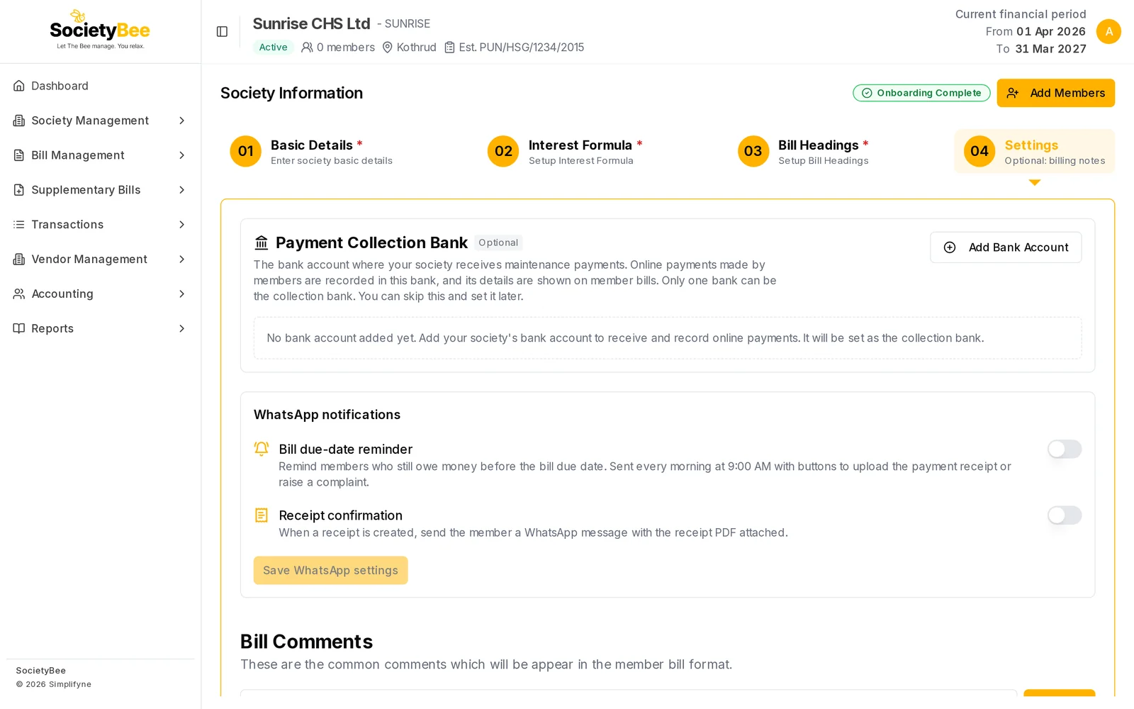 Settings tab showing the Payment Collection Bank section with an Add Bank Account button