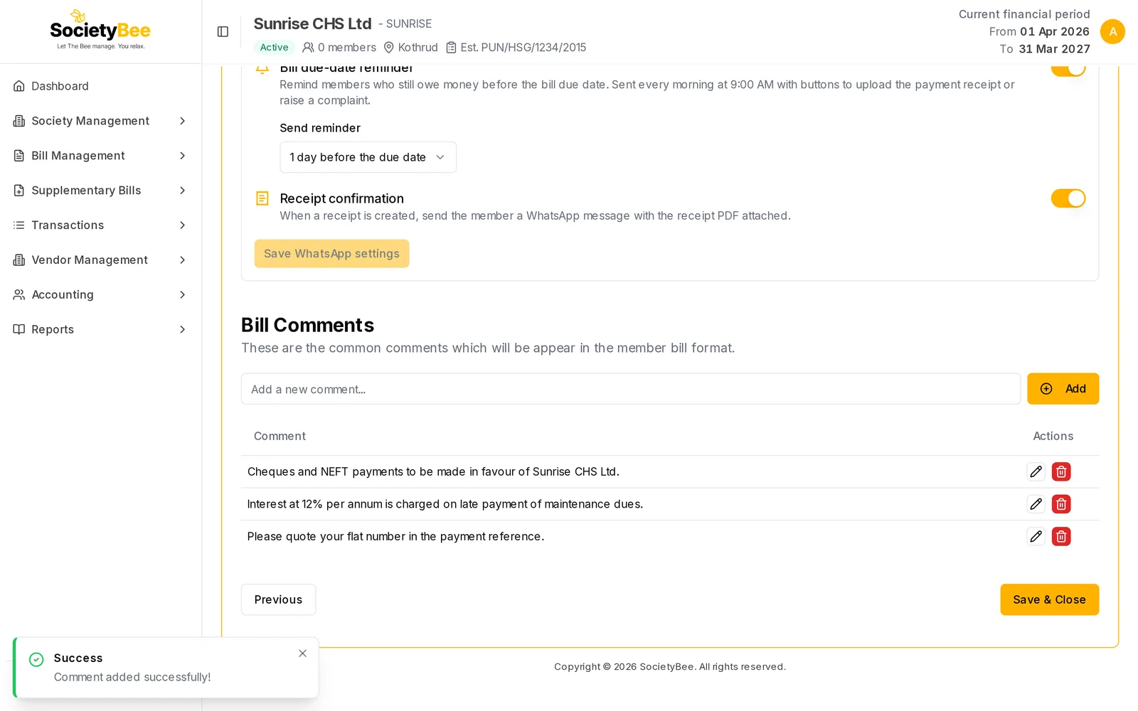 Bill Comments table with three comments and edit and delete buttons