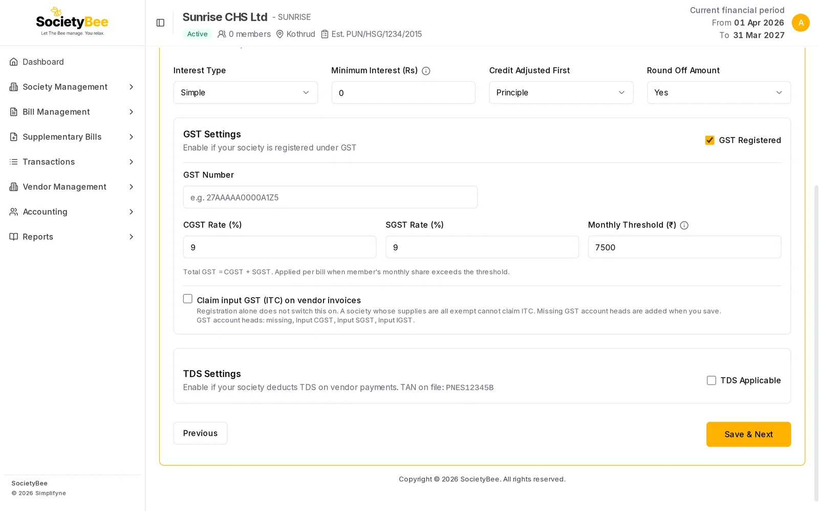 GST Settings box with GST Registered ticked, showing GST Number, CGST Rate 9, SGST Rate 9, Monthly Threshold 7500 and the Claim input GST checkbox