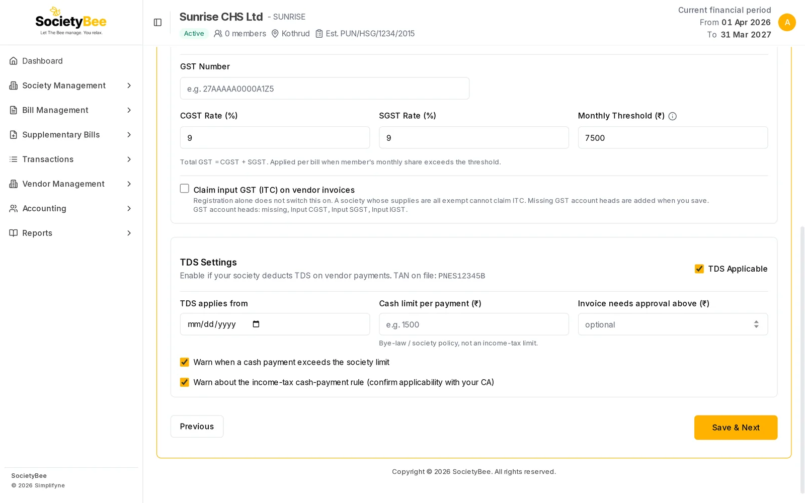 TDS Settings box with TDS Applicable ticked, showing TDS applies from, Cash limit per payment, Invoice needs approval above and two warning tick boxes