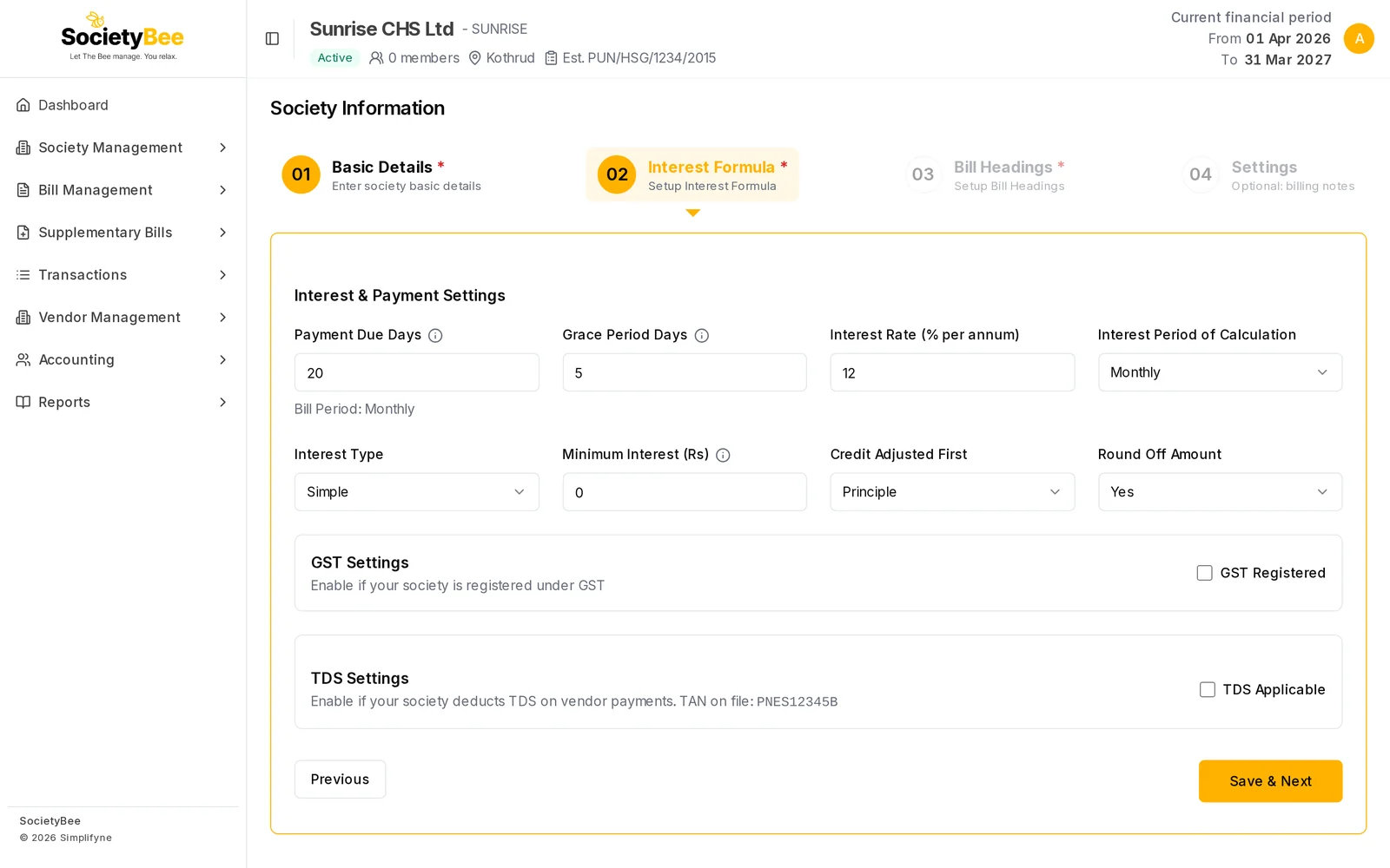 Interest and Payment Settings with Payment Due Days 20, Grace Period Days 5, Interest Rate 12, Monthly, Simple, Minimum Interest 0, Credit Adjusted First Principle and Round Off Yes