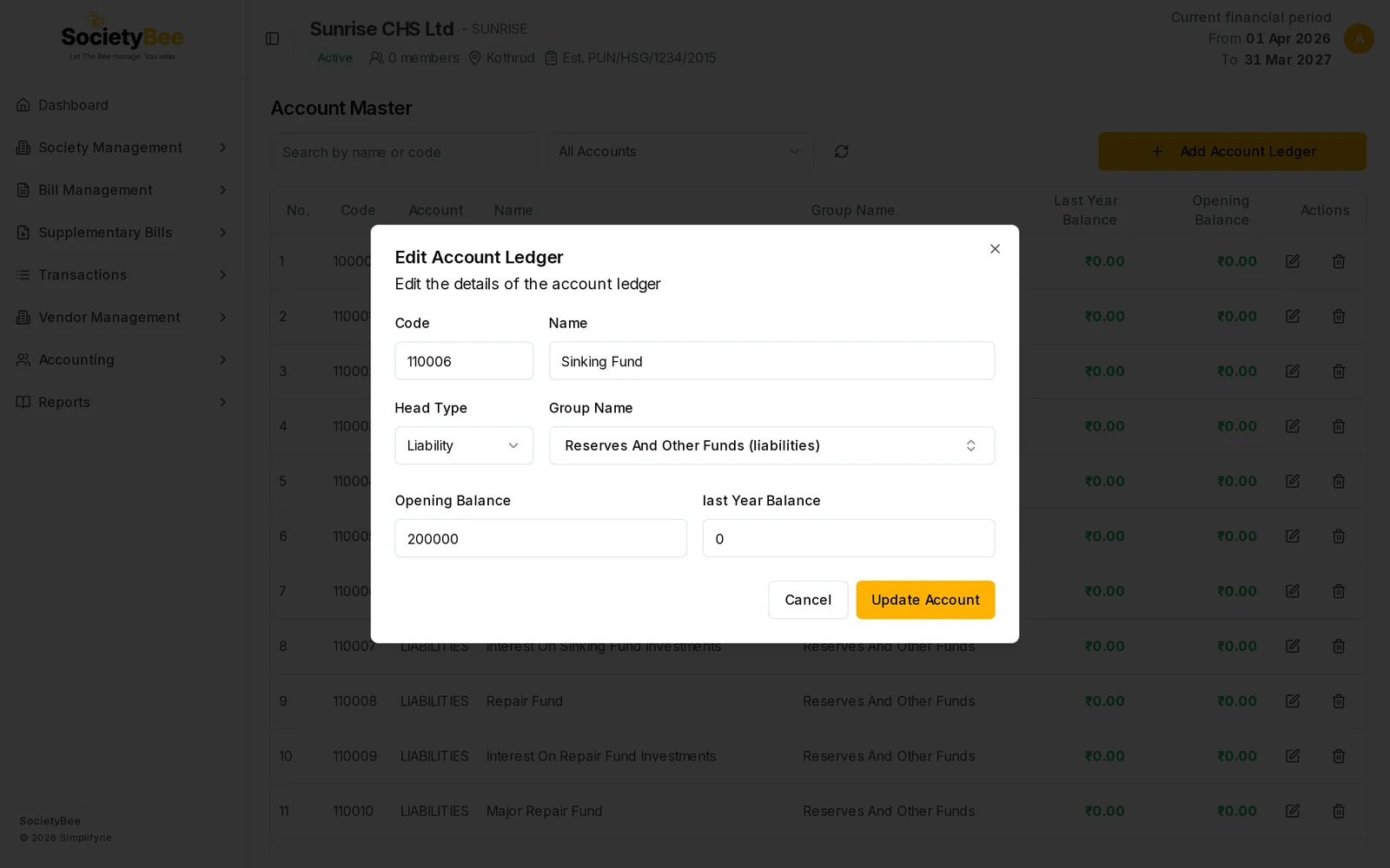 Edit Account Ledger dialog for Sinking Fund with Opening Balance 200000