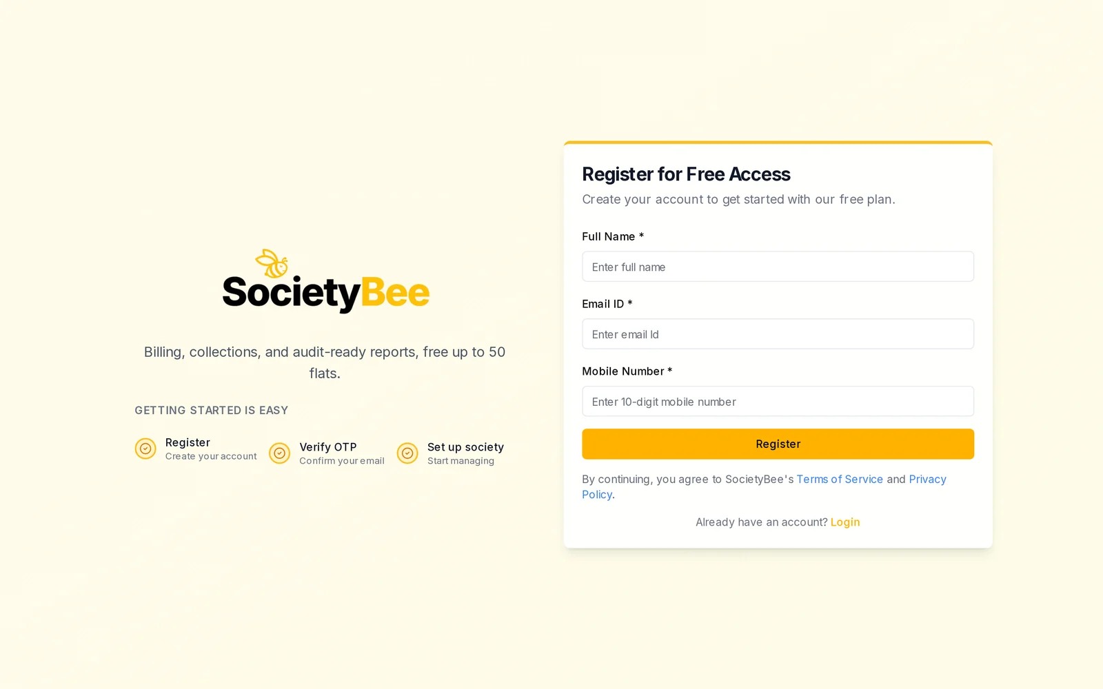 Register for Free Access page with Full Name, Email ID and Mobile Number