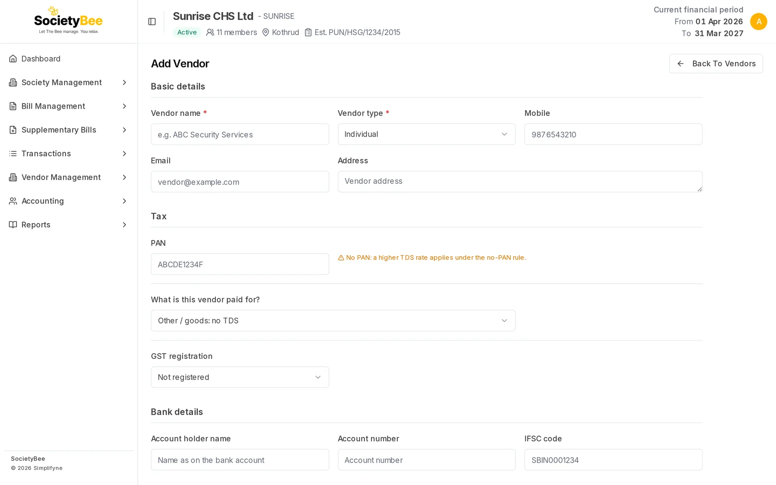 Add Vendor page with Basic details, Tax and Bank details sections and empty fields
