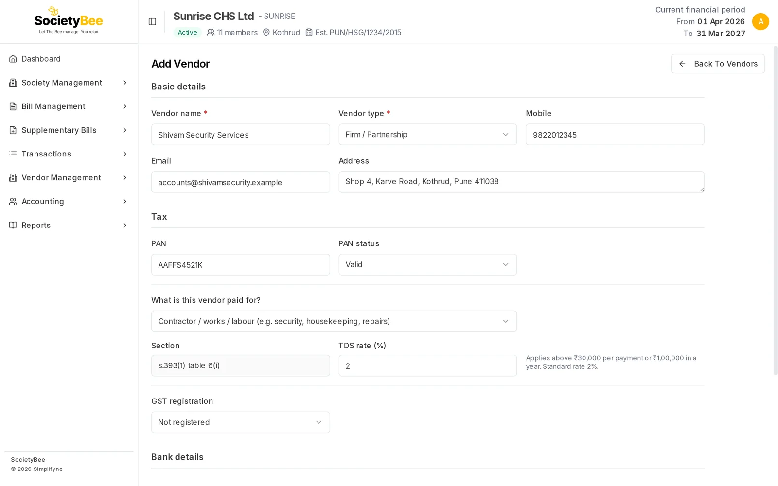 Add Vendor form filled for Shivam Security Services as a Firm with PAN AAFFS4521K and Contractor selected, showing section s.393(1) table 6(i) and TDS rate 2 percent