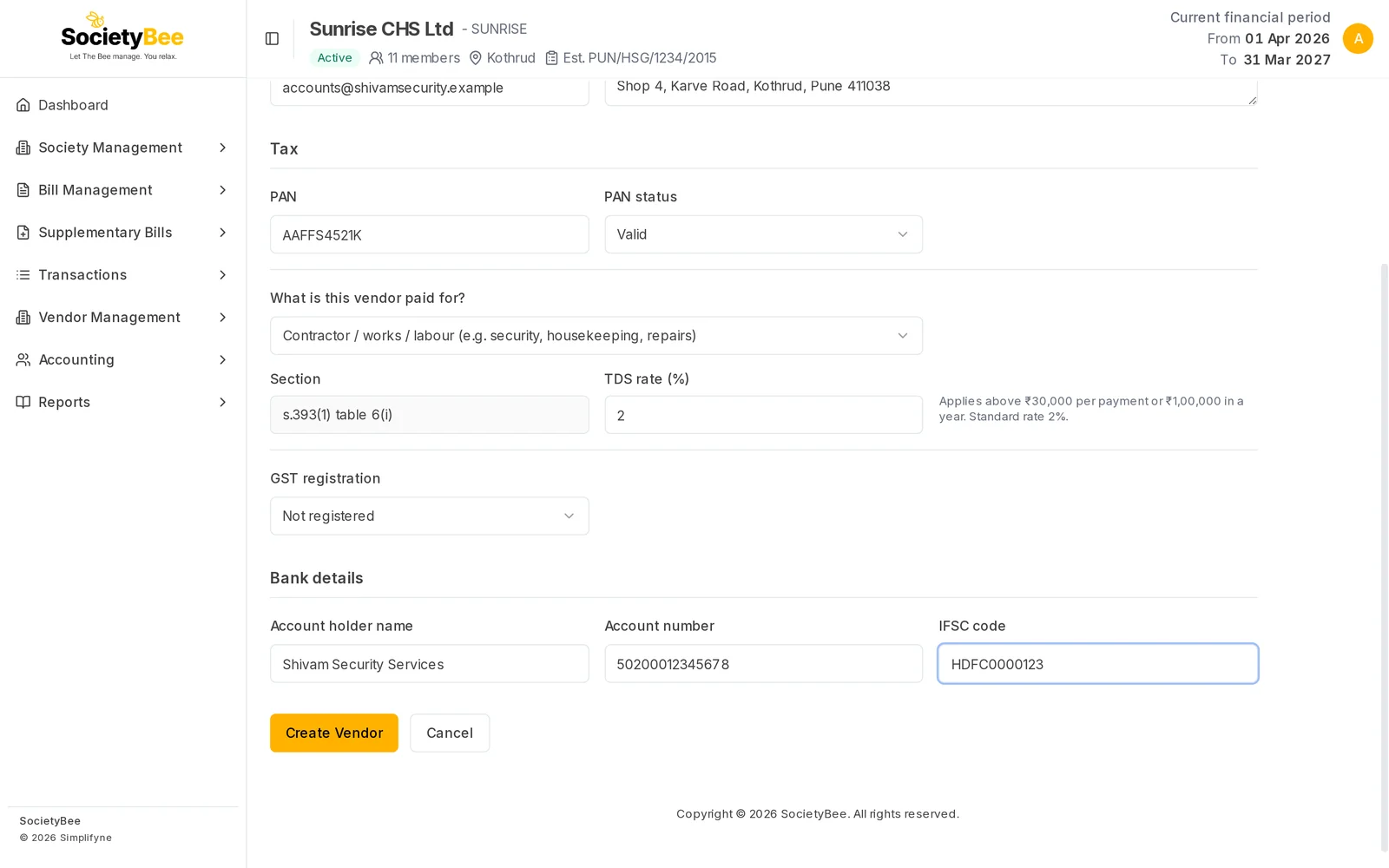 Bottom of the Add Vendor form with GST registration Not registered, bank details filled and Create Vendor and Cancel buttons