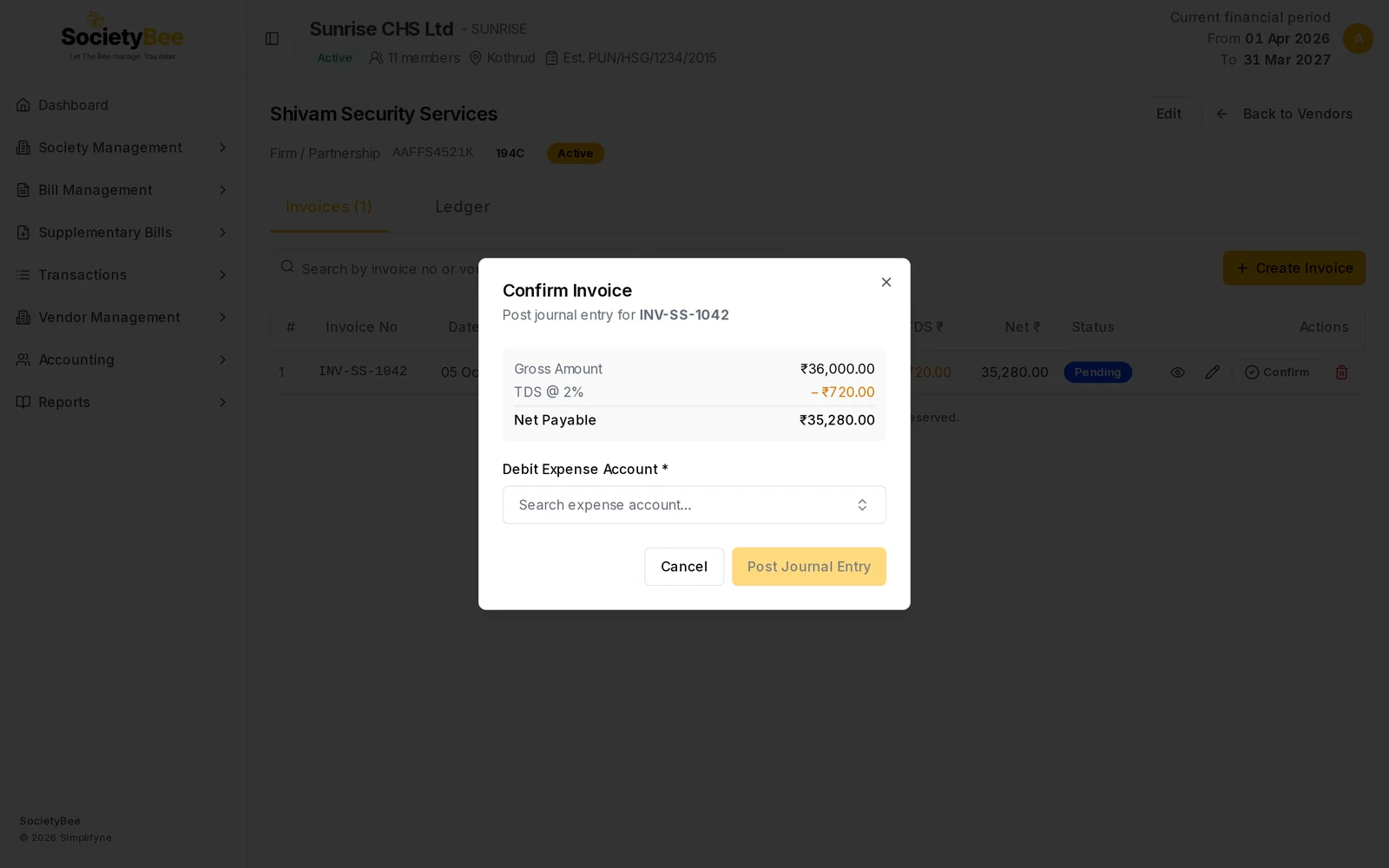 Confirm Invoice box for INV-SS-1042 showing gross 36,000, TDS at 2 percent of 720 and net payable 35,280, with an empty Debit Expense Account box