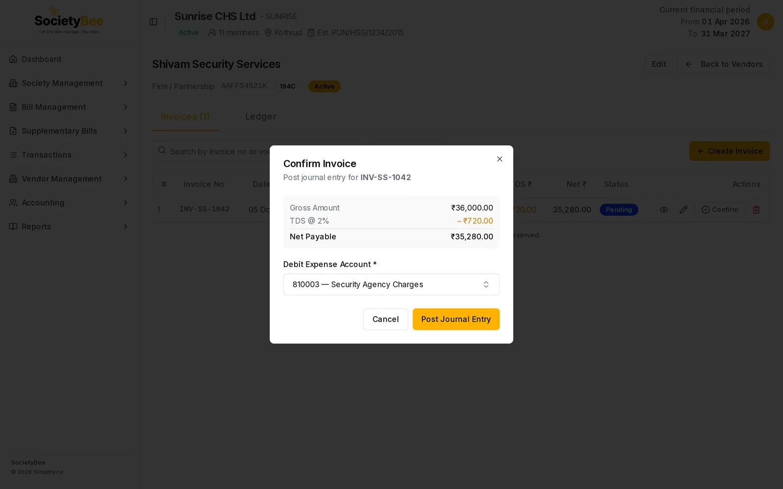 Confirm Invoice box with 810003 Security Agency Charges chosen and a Post Journal Entry button