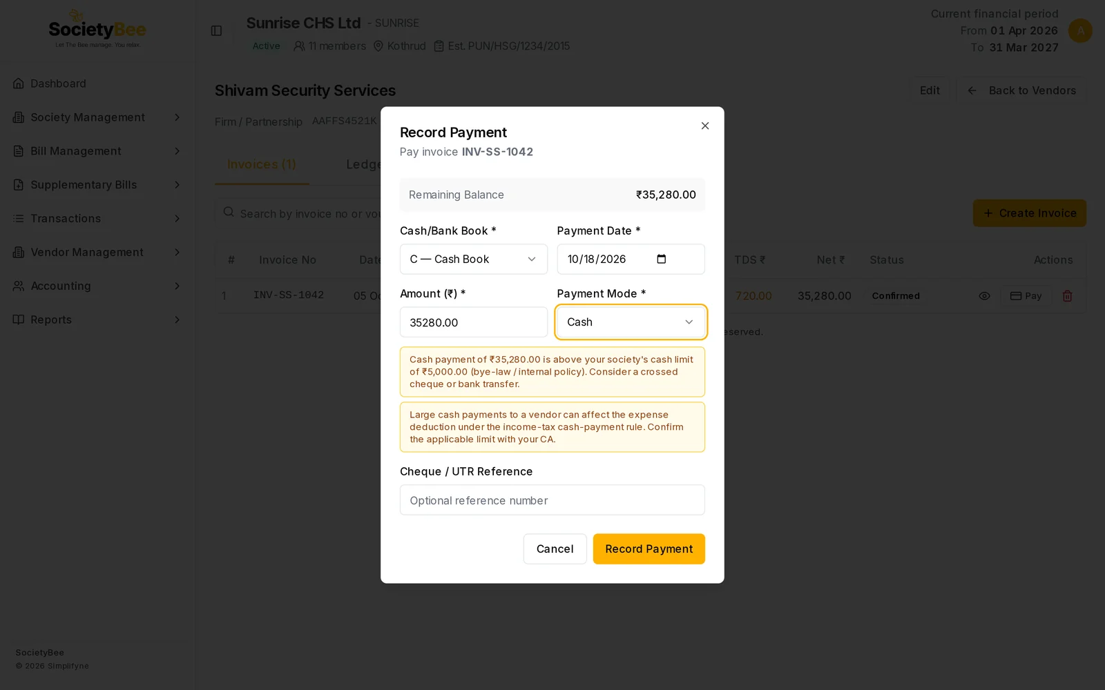 Record Payment box with Cash selected and an amber warning that the cash payment of 35,280 is above the society cash limit of 5,000, and a second warning about the income-tax cash rule