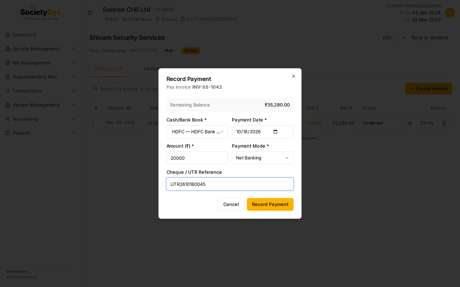 Record Payment box with remaining balance 35,280, book HDFC, amount 20000, mode Net Banking and UTR reference