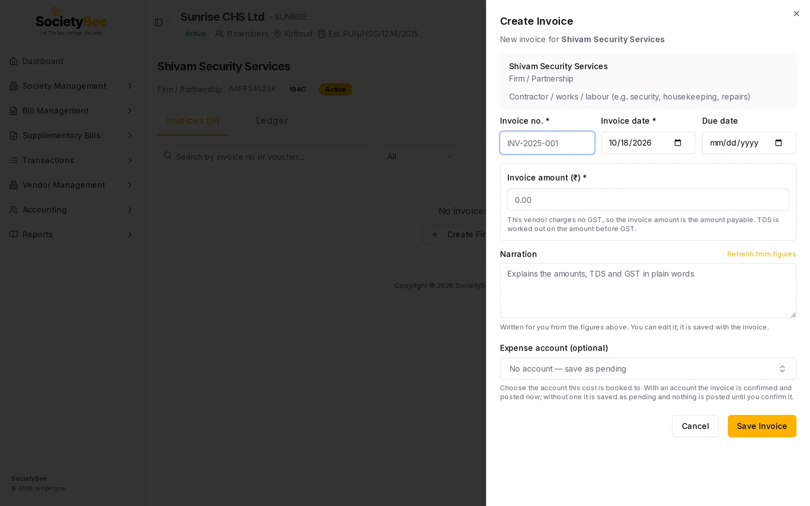 Create Invoice panel for Shivam Security Services with Invoice no, Invoice date, Due date and Invoice amount boxes