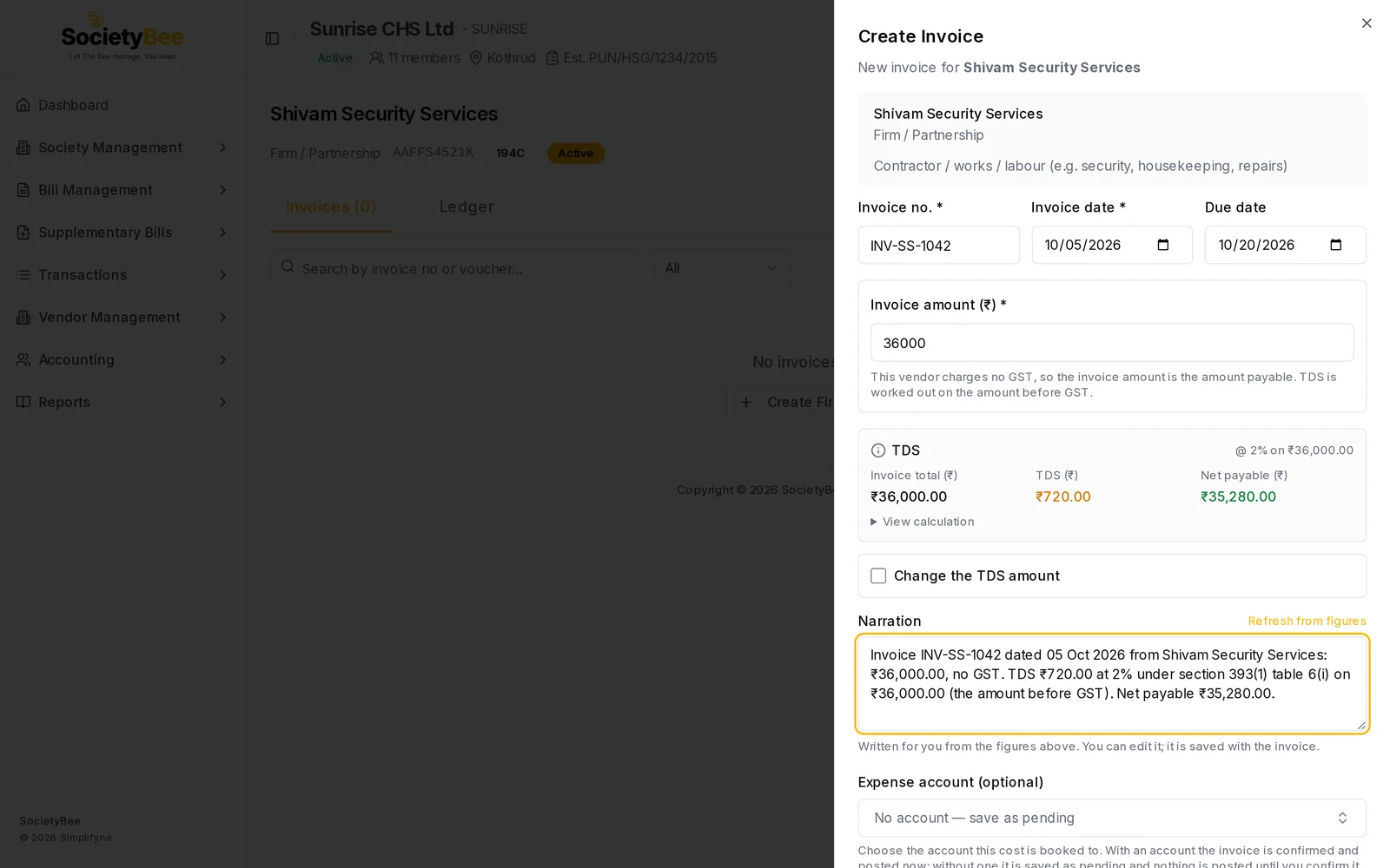 Create Invoice panel with invoice INV-SS-1042 for 36,000 rupees showing TDS 2 percent on 36,000, TDS 720 rupees, net payable 35,280 rupees and a written narration